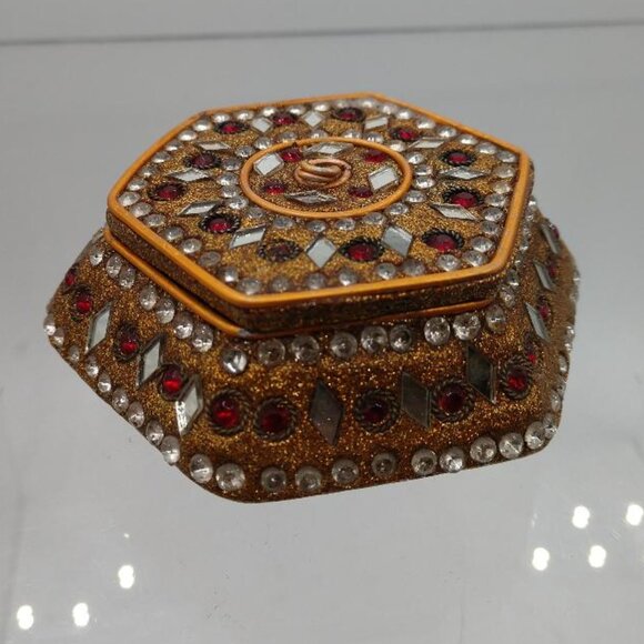Vintage Jeweled Mirrored Trinket Box with Brass Accents and Red Embellishments - Picture 3 of 6